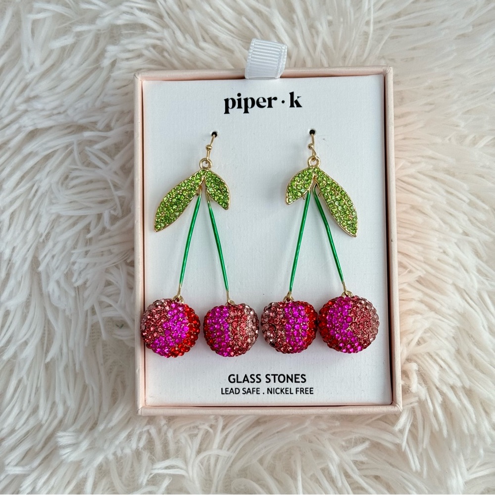 Piper K Cherry Hanging Earrings Glass Stones Fuchsia Red Pink Green Gold 2.5"